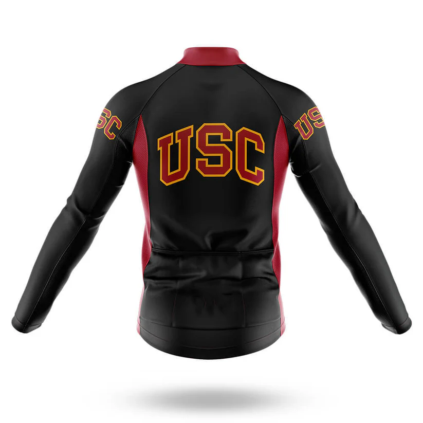 A Men’s Long Sleeve Cycling Jersey in black and red, featuring “Florida State University” in gold letters on the back and sleeves—shown from the back against a white background. Ideal for cool-weather cycling.