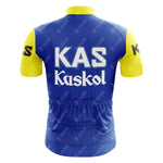 The KAS V2 Retro Short Sleeve Cycling Set includes a vibrant blue and yellow jersey with KAS and Kaskol in white on the back. Ensure a perfect fit by consulting our sizing guide before buying.