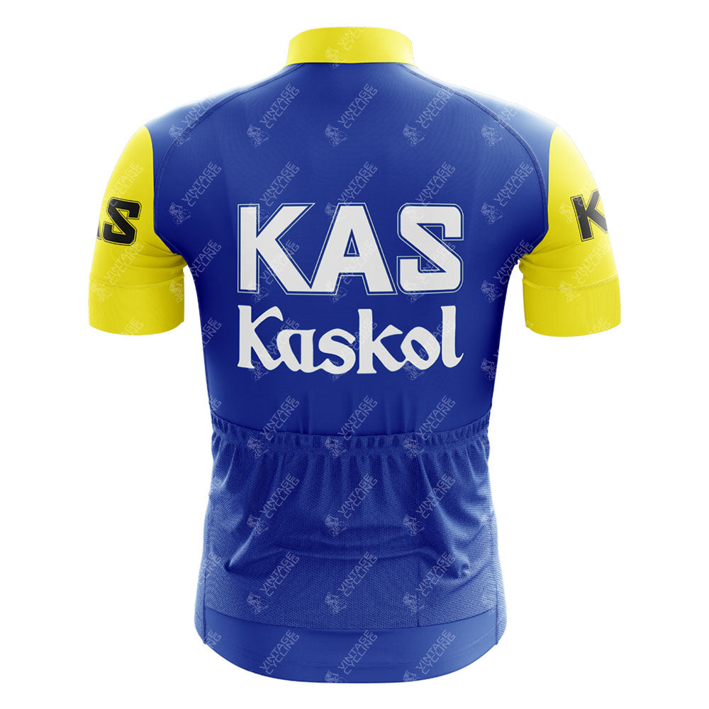 The KAS V2 Retro Short Sleeve Cycling Set includes a vibrant blue and yellow jersey with KAS and Kaskol in white on the back. Ensure a perfect fit by consulting our sizing guide before buying.