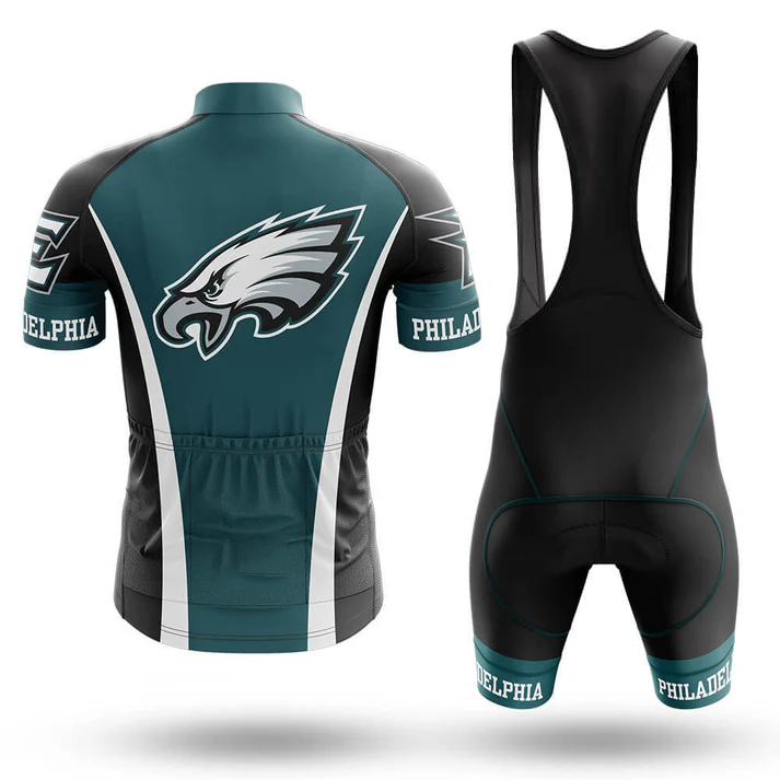 Front and back view of the Red Badgers Short Sleeve Cycling Set in green, black, and white with PHILADELPHIA text and logo details. Customizable sizing available for a perfect fit.