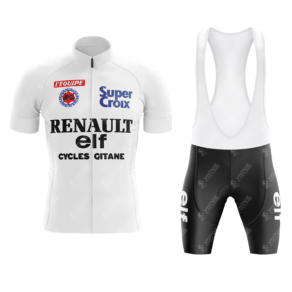 The Renault Gitane Retro Short Sleeve Cycling Set includes a white jersey with sponsor logos and black bib shorts with "elf" on the left leg—perfect for fans of classic Renault Elf Gitane vintage cycling style.