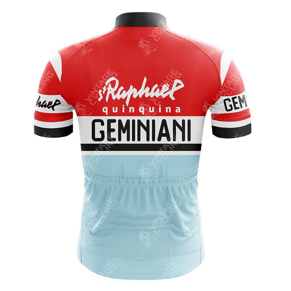 Back view of the Mercatone Uno Retro Short Sleeve Cycling Set with a red upper section, light blue lower section, and bold logo prints in white and black on the jersey.
