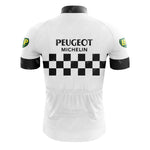 Vintage cycling fans will adore the Peugeot Black White Retro Short Sleeve Cycling Set, featuring PEUGEOT and MICHELIN text on the back with a black and white checkered design. The sleeves display BP logos, complemented by a sleek black collar and sleeve ends.