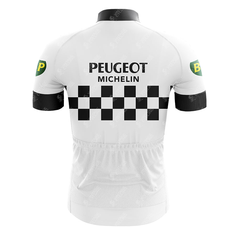 Vintage cycling fans will adore the Peugeot Black White Retro Short Sleeve Cycling Set, featuring PEUGEOT and MICHELIN text on the back with a black and white checkered design. The sleeves display BP logos, complemented by a sleek black collar and sleeve ends.