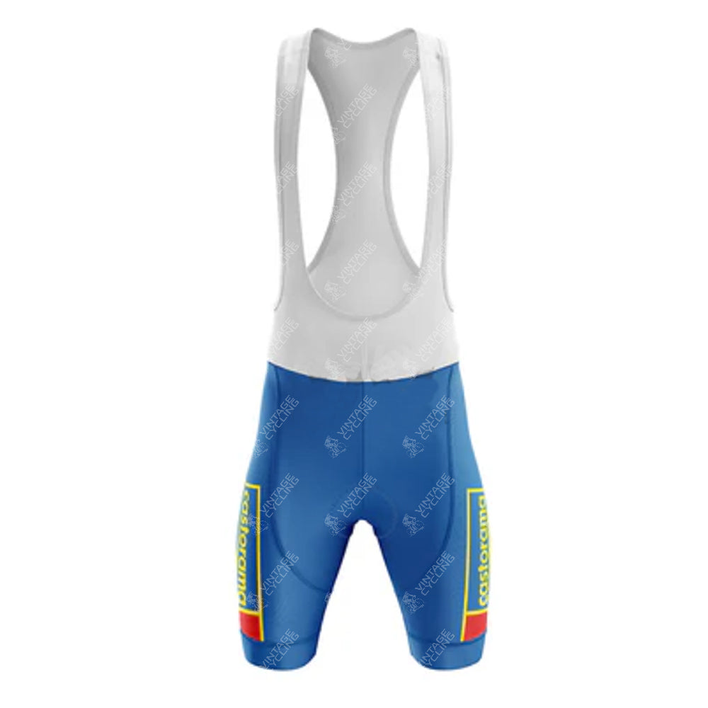 The Castorama Retro Cycling Jersey Set includes bib shorts with white straps, blue fabric, and retro rectangular yellow and red accents. Made of breathable, lightweight polyester, it offers a smooth fit and optimal comfort for athletic activities.