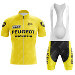The PEUGEOT Yellow Retro Short Sleeve Cycling Set features a vintage-inspired yellow jersey with black accents, boasting PEUGEOT and Michelin logos and a front zipper, complemented by bib shorts with matching branding for an authentic retro look.