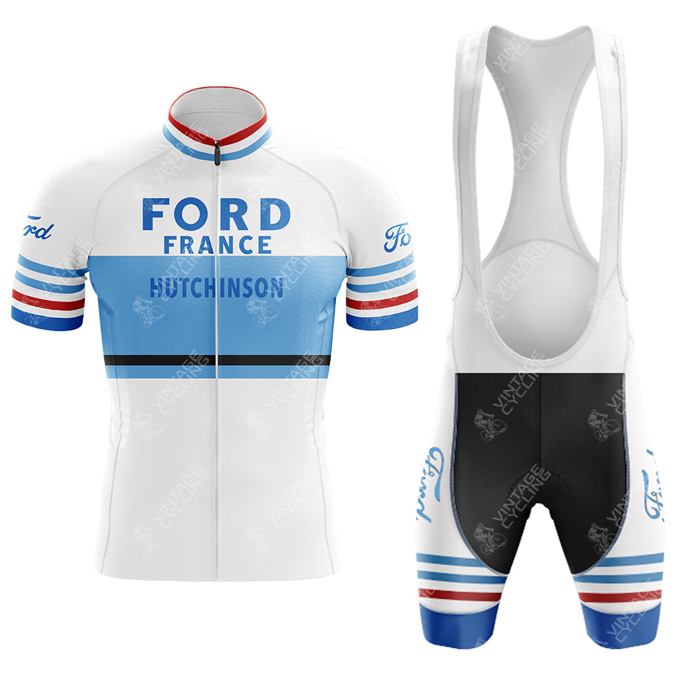 G.B.C. - LIBERTAS Retro Short Sleeve Cycling Set: Features a white jersey and blue-striped bib shorts with Ford France and Hutchinson logos. The set has red, white, and blue accents on the sleeves and shorts for a quintessential vintage design in FORD White Blue colors.