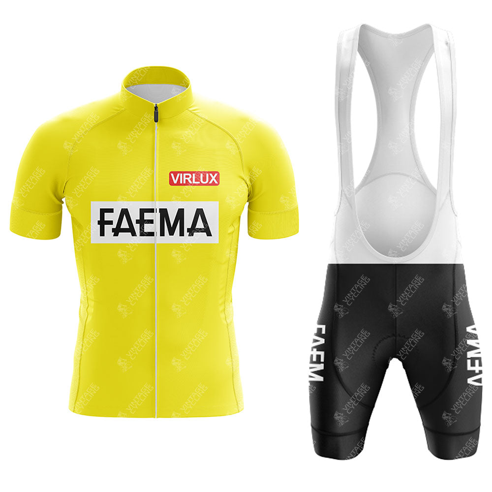 The FAEMA Yellow Retro Short Sleeve Cycling Set features a retro yellow jersey with FAEMA and VIRLUX logos, perfectly paired with black and white bib shorts displaying FAEMA text on the leg, offering a stylish and performance-driven look.