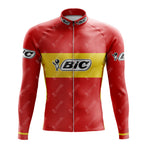 The BIC Red Retro Long Sleeve Cycling Jersey features a red and yellow design with BIC on the chest and sleeves, plus a graphic of a person holding a pen. Part of the BIC Red Retro Cycling Set (fleece option available), it combines style and performance for serious cyclists.