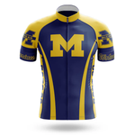 The I Ride Like An Old Man Short Sleeve Cycling Set is a blue and yellow retro jersey with a bold yellow M on the front and Michigan Wolverines on the sleeves, ideal for fans who want a classic University of Michigan cycling outfit.