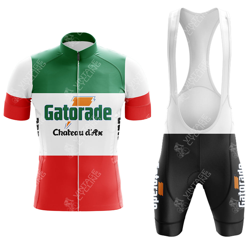 Explore the Gazzola Retro Short Sleeve Cycling Set, including a green, white, and red cycling jersey with Gatorade and Chateau dAx logos. It comes with black bib shorts bearing Gatorade branding. Available in various sizes for both jersey and shorts to ensure a perfect fit.