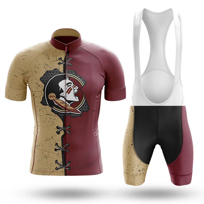 The Houston Symbol Men Short Sleeve Cycling Set includes a maroon and gold jersey with a Native American head graphic and lace-up detail, plus matching bib shorts inspired by the Florida State University cycling kit.