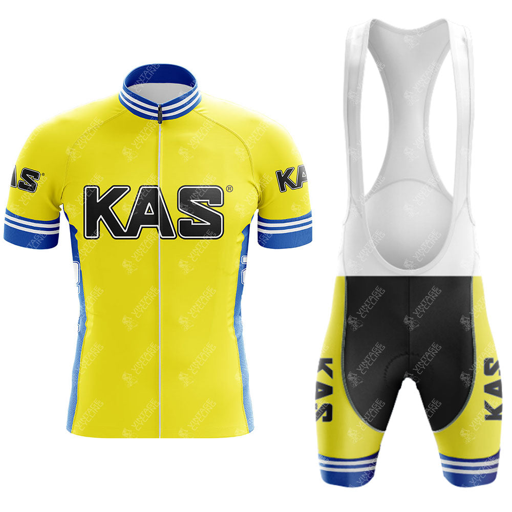 The KAS Yellow Retro Short Sleeve Cycling Set includes a yellow jersey with blue and white trim featuring KAS text, and matching bib shorts in yellow, blue, and white, also with KAS text.