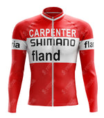 The 1972 SHIMANO Retro Long Sleeve Cycling Set, available in red with fleece option, features aerodynamic engineering and a front zipper. It displays white horizontal bands with Carpenter, Shimano, and fland text.