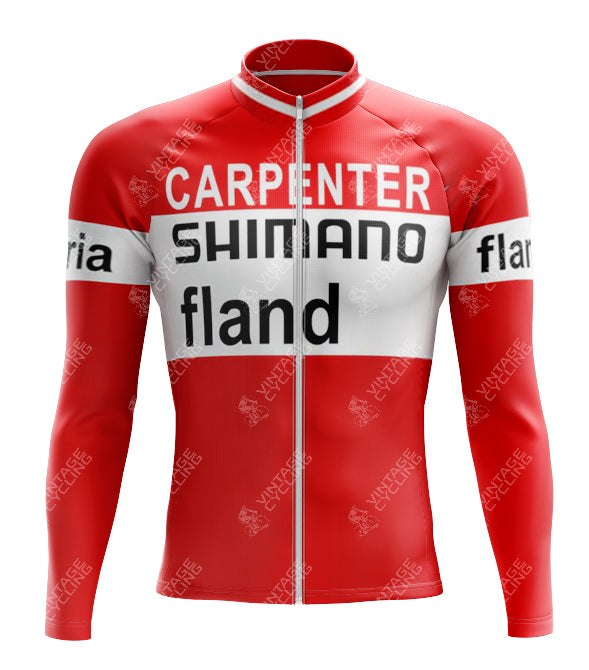 The 1972 SHIMANO Retro Long Sleeve Cycling Set, available in red with fleece option, features aerodynamic engineering and a front zipper. It displays white horizontal bands with Carpenter, Shimano, and fland text.