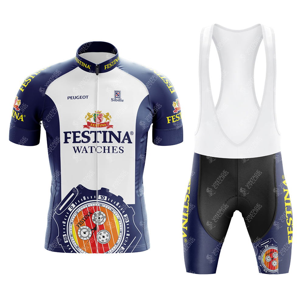 The Festina Watches Retro Cycling Jersey Set features a blue and white jersey with a large watch graphic, logos, and text. The matching bib shorts enhance comfort with a gel seat pad and share the jerseys color scheme and branding.