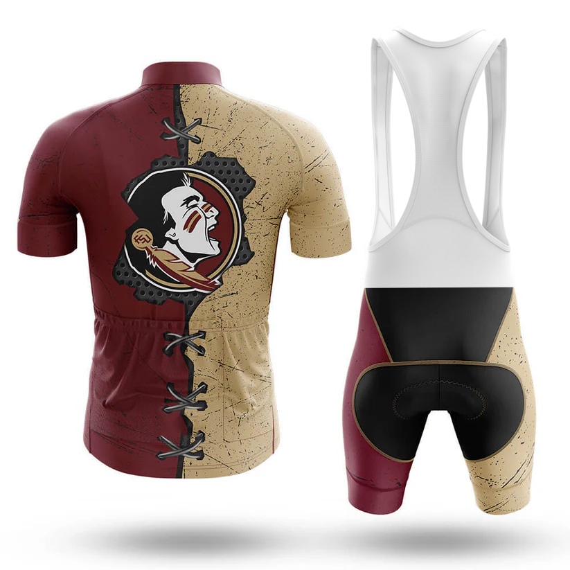 Front and back view of the Houston Symbol Men Short Sleeve Cycling Set, featuring maroon and beige color split, lace-up back, large illustrated profile logo, and matching color-blocked shorts inspired by a Florida State University cycling kit.