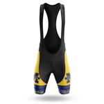 Front view of the "I Ride Like An Old Man" short sleeve cycling set, in black, yellow, and blue with thick shoulder straps and fitted design—a perfect match for fans of bold cycling gear.