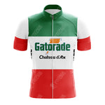 The Gazzola Retro Short Sleeve Cycling Set includes a jersey with green, white, and red stripes like the Italian flag and features Gatorade and Chateau dAx logos. Available in various sizes for both jerseys and shorts to ensure the perfect fit.