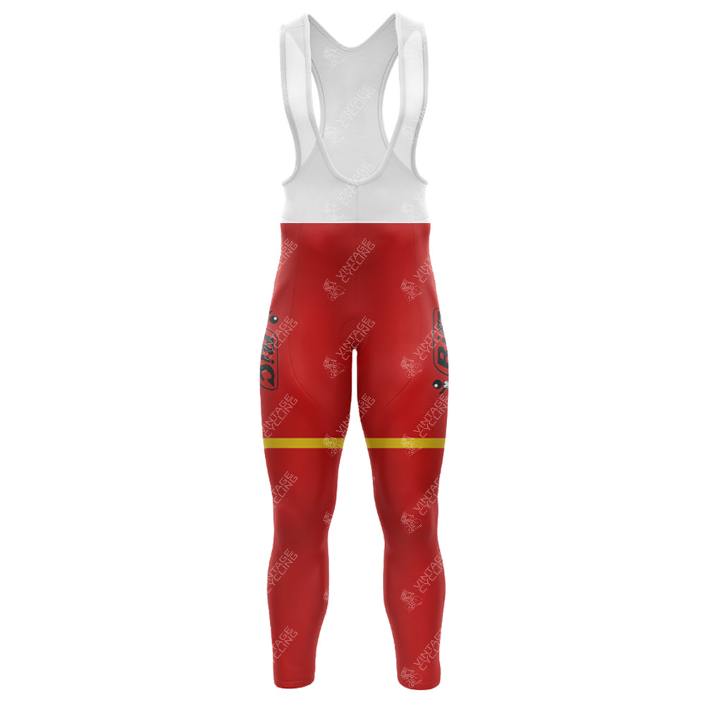 The BIC Red Retro Long Sleeve Cycling Set features red bib tights with black and white accents, a fleece-lined option for cold rides, and a cohesive white upper with shoulder straps.