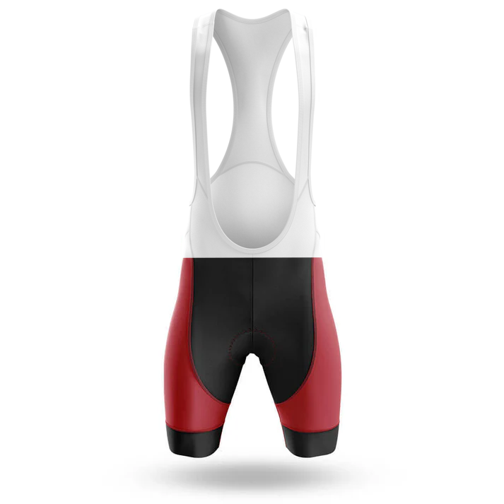 The U.S. Navy Submarine Force Men Short Sleeve Cycling Set features a pair of bib shorts with white straps, a black center, and red side panels inspired by a Chicago cycling kit, displayed against a plain white background.
