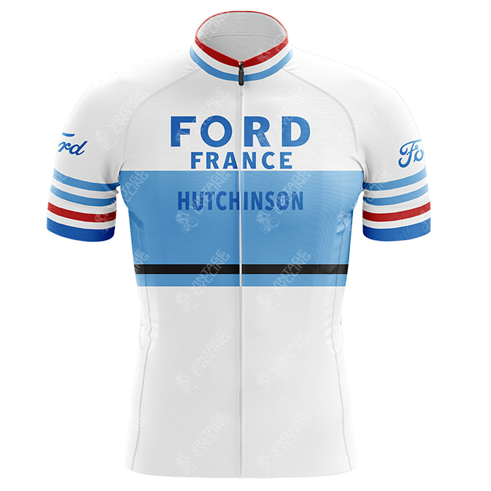 The G.B.C. - LIBERTAS Retro Short Sleeve Cycling Set features a Ford France jersey with Hutchinson text, a white base highlighted by blue, red, and black stripes, and short sleeves with red, white, and blue bands for a vintage cycling look.
