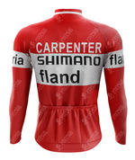 The 1972 SHIMANO Retro Long Sleeve Cycling Set, available with a fleece option, is a red jersey with black and white stripes featuring Carpenter, Shimano, and Fland text. It includes back pockets for convenience.