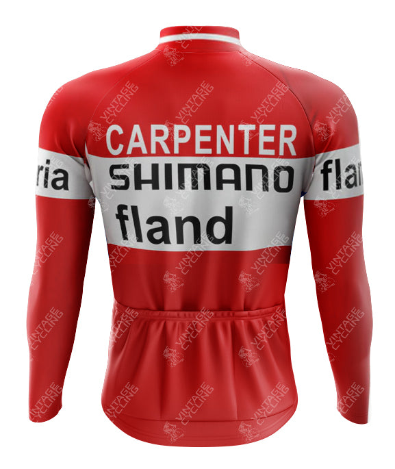 The 1972 SHIMANO Retro Long Sleeve Cycling Set, available with a fleece option, is a red jersey with black and white stripes featuring Carpenter, Shimano, and Fland text. It includes back pockets for convenience.