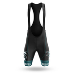 The Red Badgers Short Sleeve Cycling Set features a black bib short with wide shoulder straps, teal and white accents, and a retro jersey. Enjoy customizable sizing for your perfect fit and ride in style.