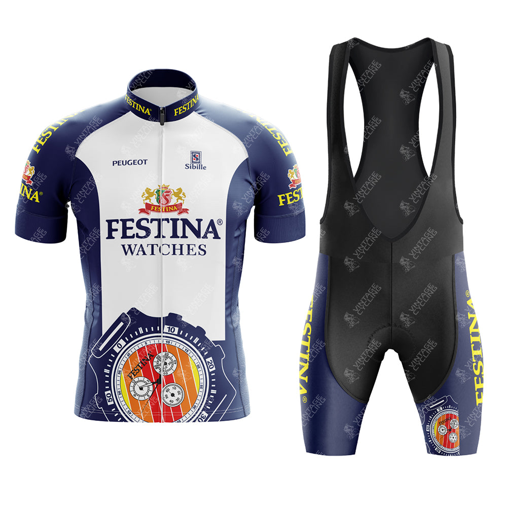 The Festina Watches Retro Cycling Jersey Set includes a predominantly blue jersey with logos and a large watch graphic, paired with black bib shorts featuring blue panels, yellow Festina text, and a gel seat pad for comfort.
