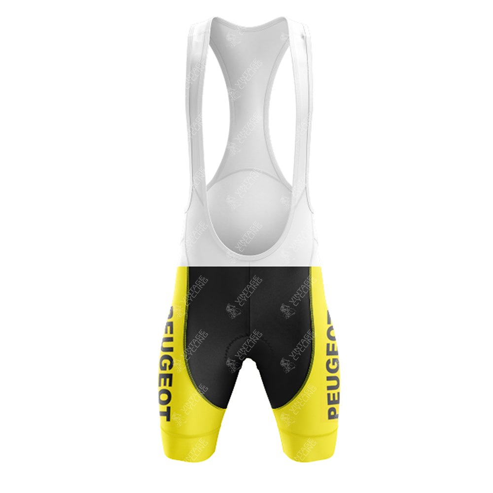 The PEUGEOT Yellow Retro Short Sleeve Cycling Set includes cycling bib shorts with a white upper and yellow-black lower, featuring Peugeot printed on each leg for a timeless look. The smooth fabric panels in yellow and black capture the essence of classic cycling style.