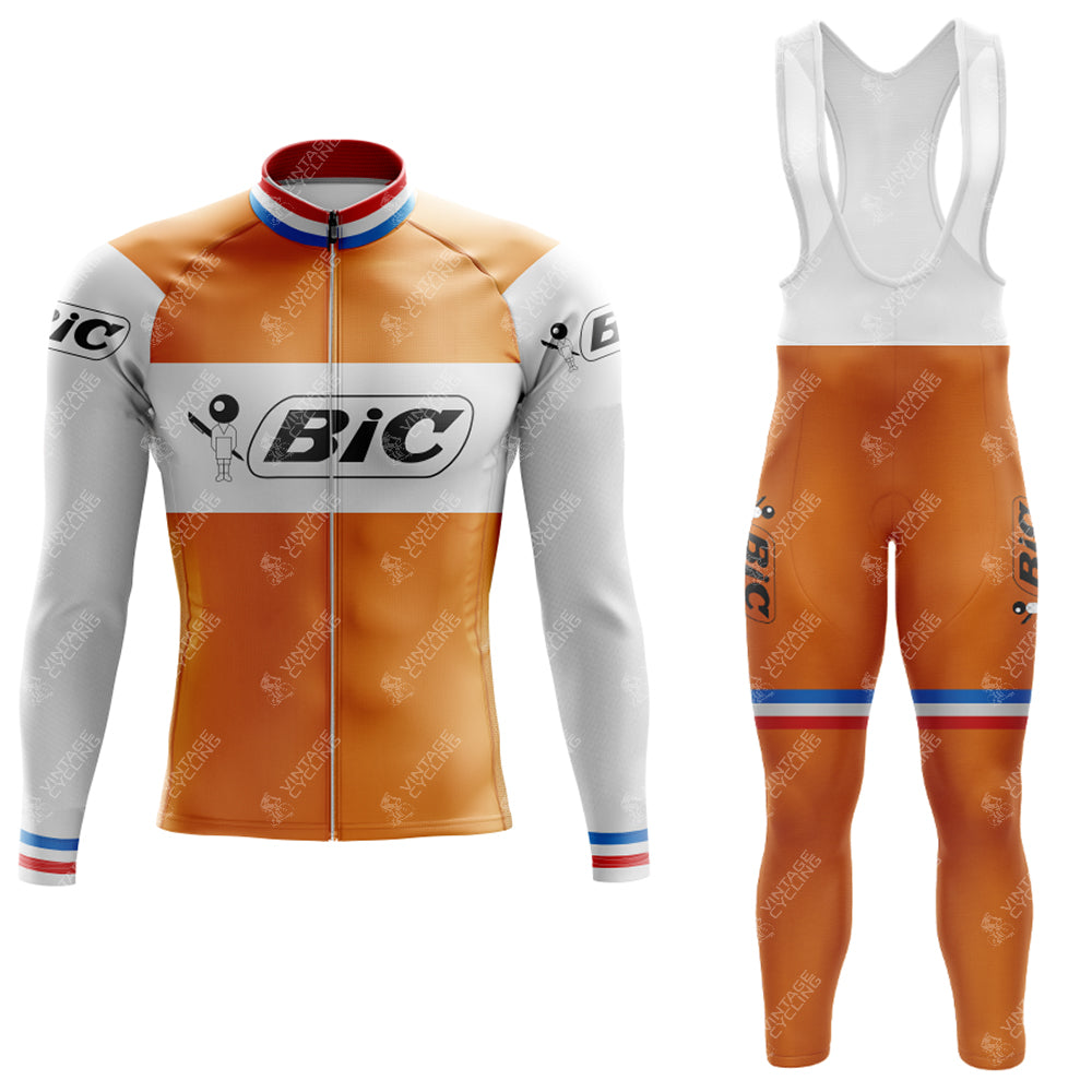 The BIC Orange Retro Long Sleeve Cycling Set features an orange jersey and bib pants with white and blue accents, Bic logos on the long sleeves and matching logos on the pants. It offers a fleece option for added warmth during cooler rides.