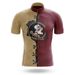 The Houston Symbol Men Short Sleeve Cycling Set features tan and maroon halves, a lace-up center, and a stylized Native American head logo—ideal for cycling fans seeking bold style.