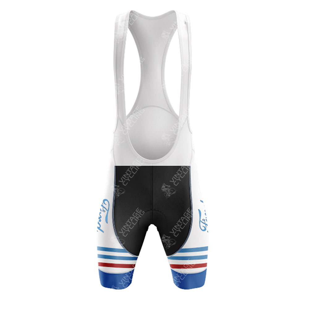 The G.B.C. - LIBERTAS Retro Short Sleeve Cycling Set includes a stylish cycling bib with a white upper and black shorts. The leg bands feature blue and red stripes with text, adorned with Vintage Cyclage and Peugeot, perfectly complementing your Ford White Blue jersey.