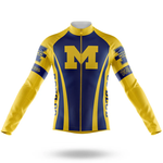 The "I Ride Like An Old Man" Long Sleeve Cycling Jersey, displayed on a white background, is made from lightweight polyester and features blue and yellow retro styling with bold "M," "Michigan," and "Wolverines" details.