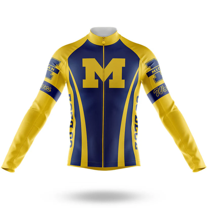 The "I Ride Like An Old Man" Long Sleeve Cycling Jersey, displayed on a white background, is made from lightweight polyester and features blue and yellow retro styling with bold "M," "Michigan," and "Wolverines" details.