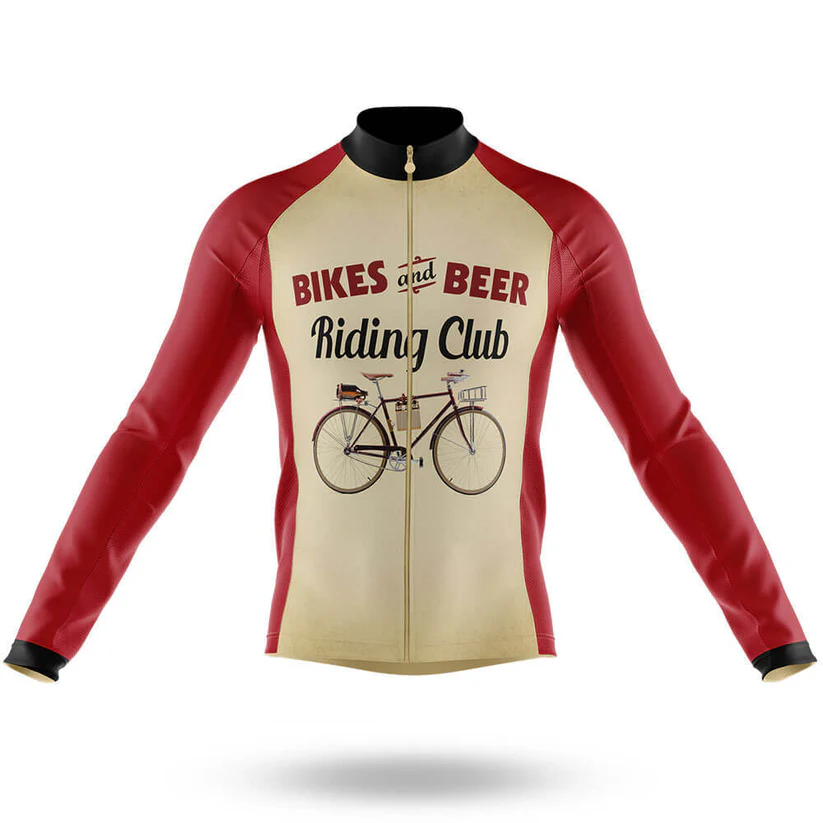 The Slow Cyclist Men Long Sleeve Cycling Jersey features red sleeves, a beige front, a vintage bicycle illustration, and "Bikes and Beer Riding Club" on the chest—perfect for group rides and retro beer riding club style.