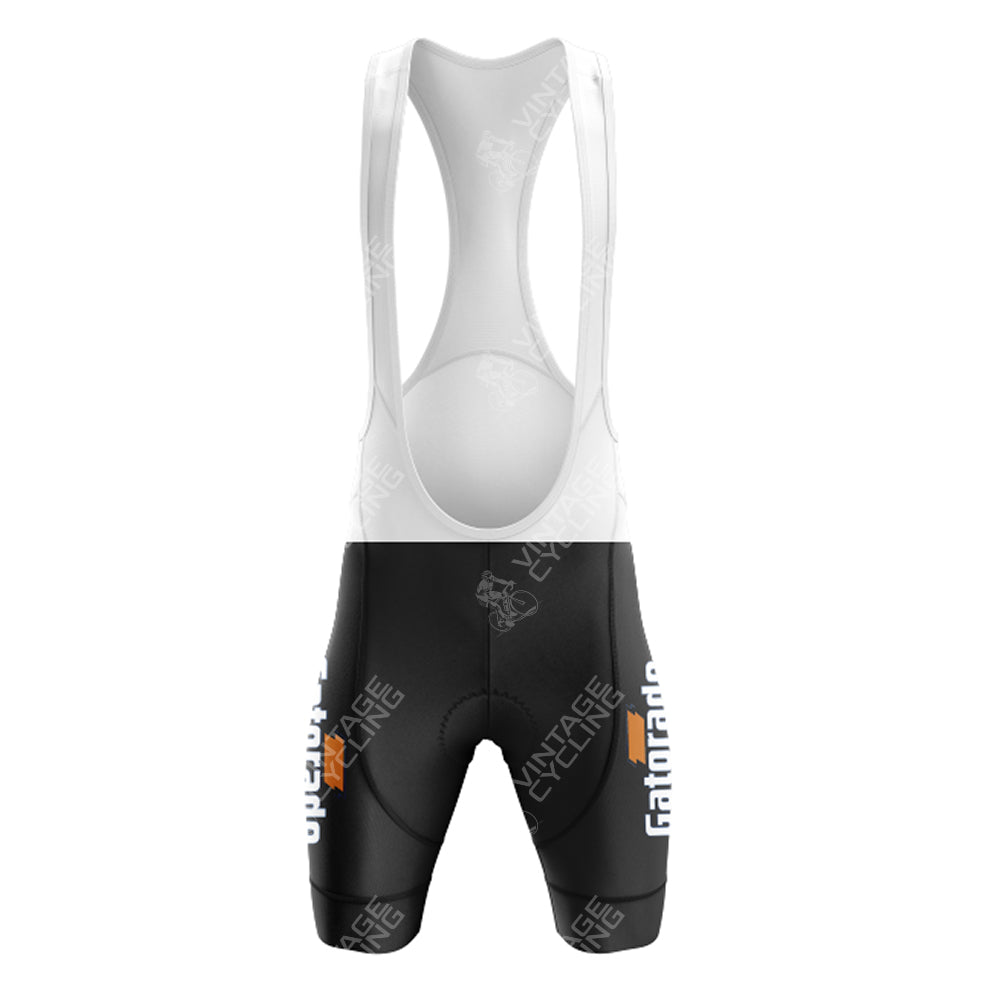 The Gazzola Retro Short Sleeve Cycling Set includes a bib with a white mesh upper and black lower section, enhanced by white logos, providing an ideal match for various-sized jerseys and shorts for a complete cycling look.