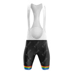 Black bib shorts featuring a white mesh upper and rainbow stripes on each leg, perfect to pair with the C&A Retro Short Sleeve Cycling Set. The design includes a subtle brand logo pattern. Check our size guide for various jersey and shorts options.