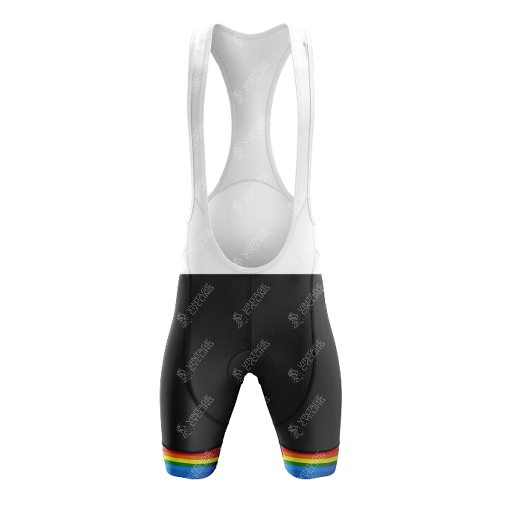 Black bib shorts featuring a white mesh upper and rainbow stripes on each leg, perfect to pair with the C&A Retro Short Sleeve Cycling Set. The design includes a subtle brand logo pattern. Check our size guide for various jersey and shorts options.
