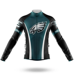 A long-sleeve zip-up Red Badgers Cycling Jersey in dark green, black, and white, featuring the Red Badgers logo on the chest and the team name and logo on the sleeves.