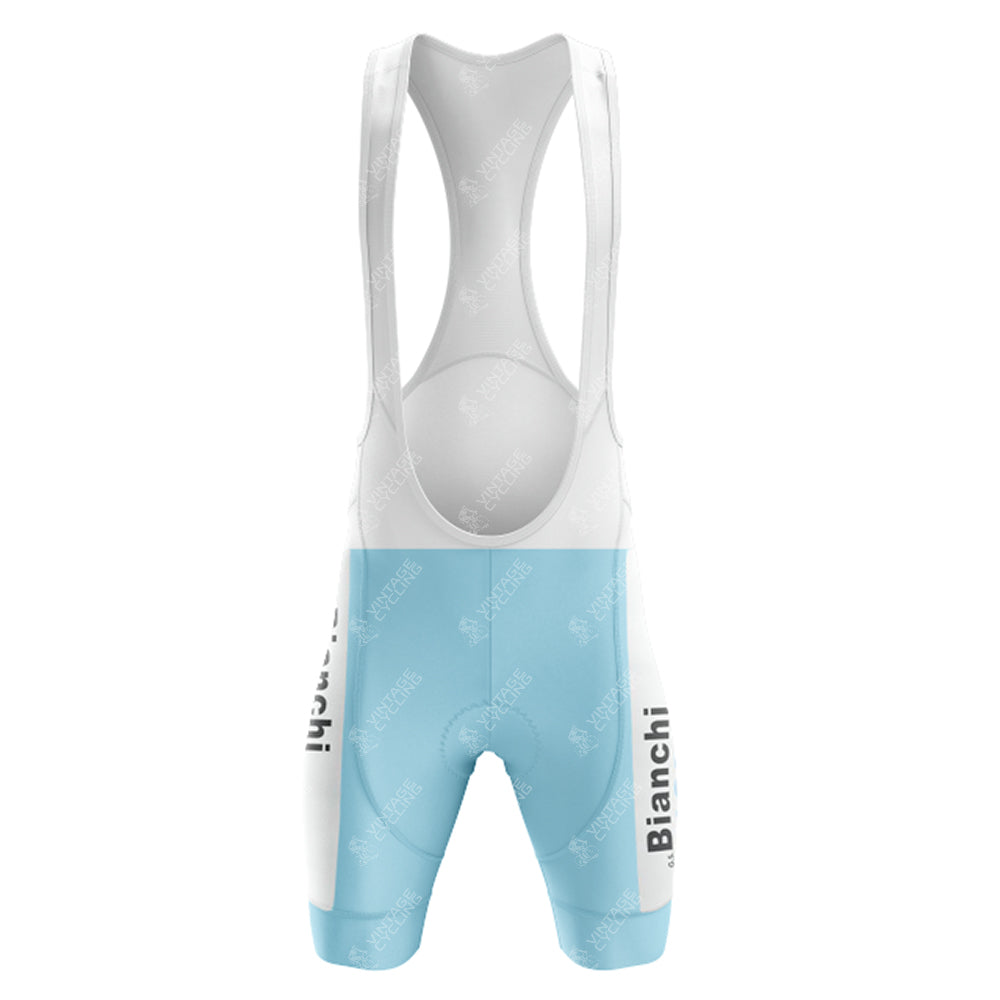 The Bianchi Piaggio Retro Short Sleeve Cycling Set features bib shorts in light blue and white with Bianchi in black on the sides, offering a nostalgic nod to vintage cycling style.