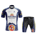 The Festina Watches Retro Cycling Jersey Set features a blue, white, and red design with logos and a watch illustration. The jersey has a full front zipper and PEUGEOT on the collar, while the shorts include a gel seat pad for comfort.