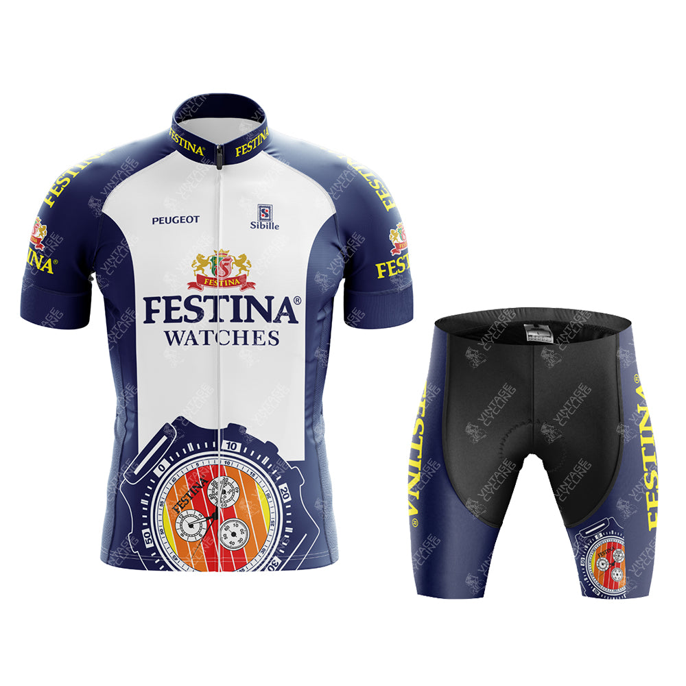 The Festina Watches Retro Cycling Jersey Set features a blue, white, and red design with logos and a watch illustration. The jersey has a full front zipper and PEUGEOT on the collar, while the shorts include a gel seat pad for comfort.