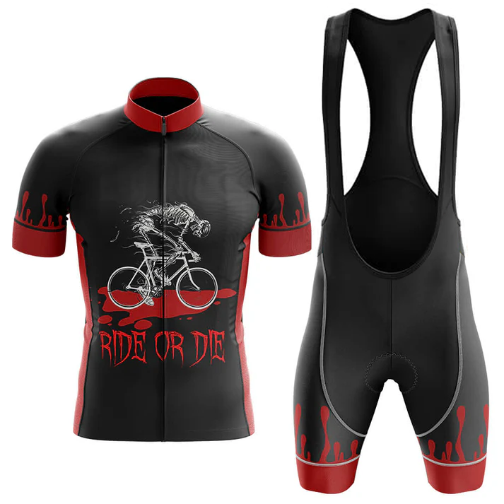 The Indiana University Bloomington Men Short Sleeve Cycling Set features black and red cycling gear with skeleton graphics, “RIDE OR DIE” text, red flame patterns, and moisture-wicking fabric for comfort.