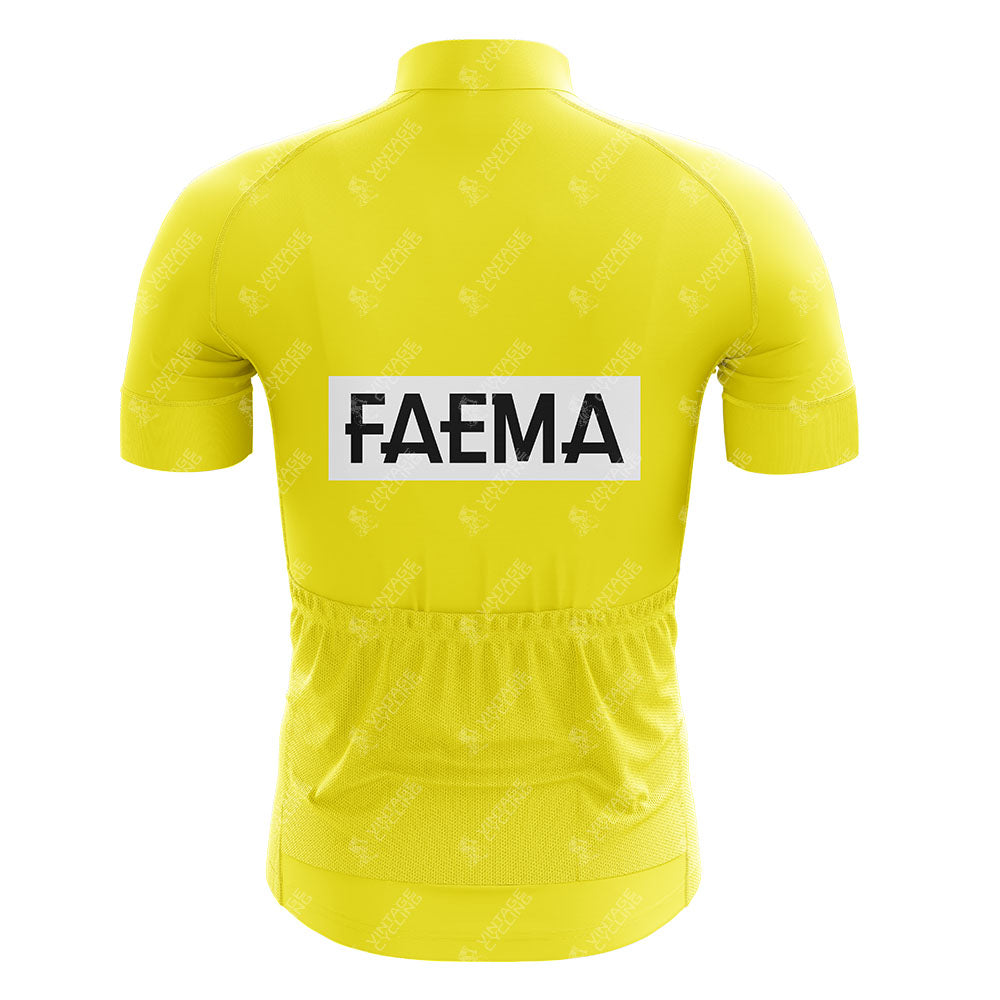 The back view of the FAEMA Yellow Retro Short Sleeve Cycling Set showcases FAEMA in bold black on a white rectangle on the upper back, along with pockets on the lower back.