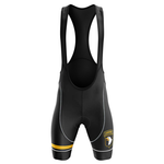 The Denmark Red Men Short Sleeve Cycling Set features black bib shorts with white stitching, a yellow and black stripe on the left leg, and a shield-shaped CORVERE eagle logo on the right leg—ideal for pairing with matching cycling gear.