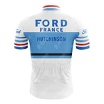 The G.B.C. - LIBERTAS Retro Short Sleeve Cycling Set features iconic Ford France and Hutchinson logos, classic blue and white hues, and red and blue striped sleeves, embodying timeless style with its FORD White Blue design.
