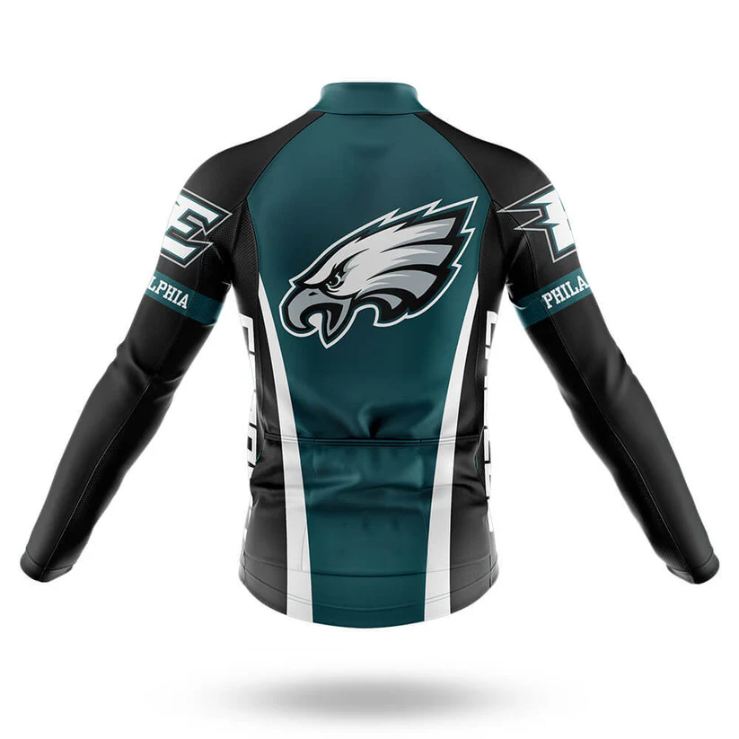 The Red Badgers Long Sleeve Cycling Jersey features a retro cycling style with red and white colors, sporty stripes, and “RED BADGERS” lettering on the sleeves, plus a bold team logo on the back.