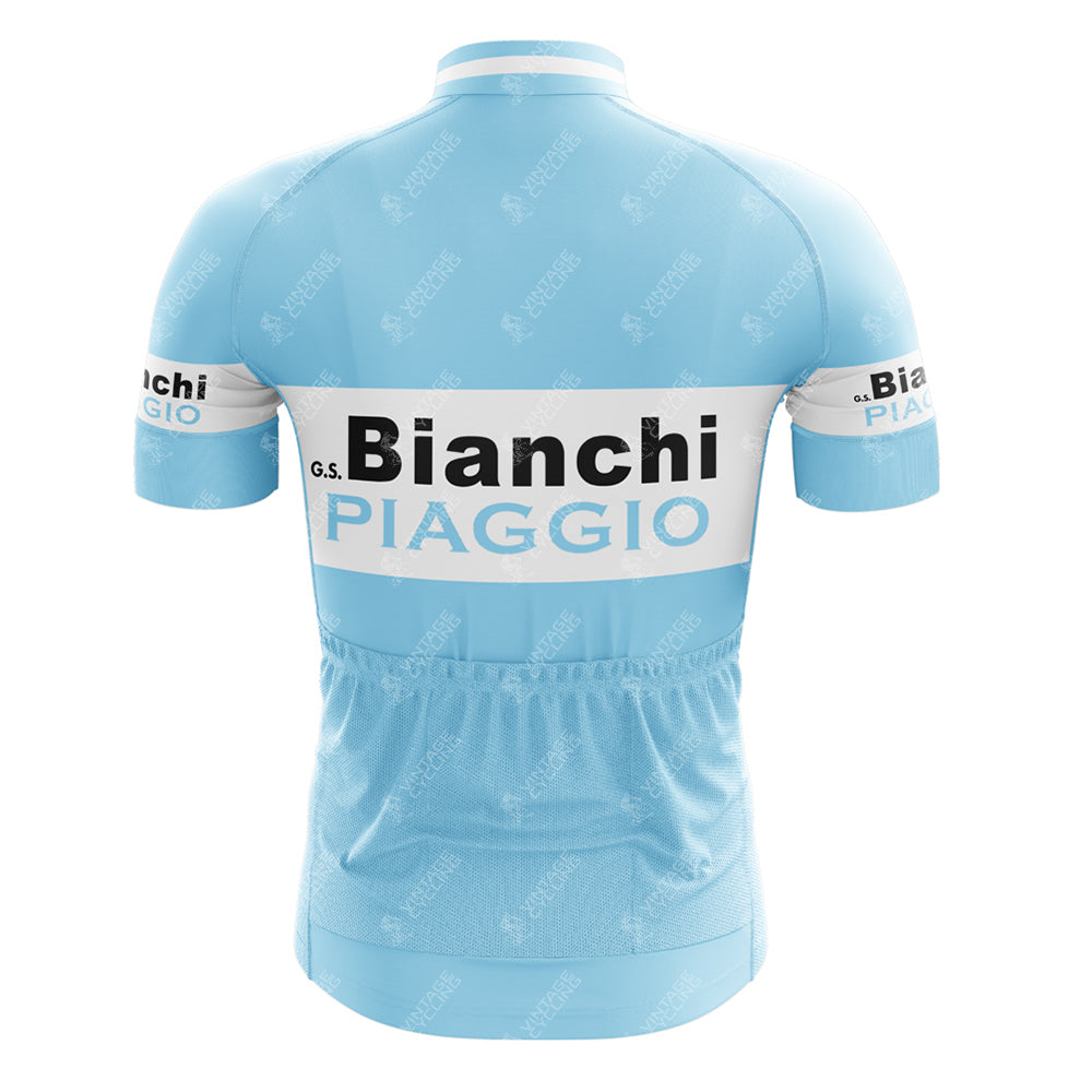 The Bianchi Piaggio Retro Short Sleeve Cycling Set features a vintage jersey in light blue with white panels, black Bianchi, and gray PIAGGIO text. It has a classic design with subtle logos and three convenient back pockets.